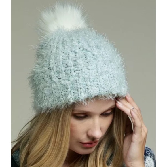 SOLD OUT Light Blue Eyelash Knit Faux Fur Pom Pom Beanie - Picture 3 of 6